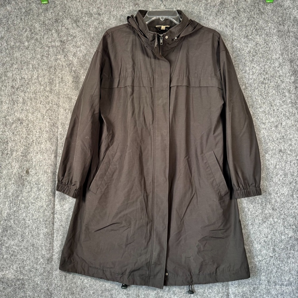 Eileen Fisher Jacket Black Organic Cotton Nylon Hooded Rain Coat Size Medium